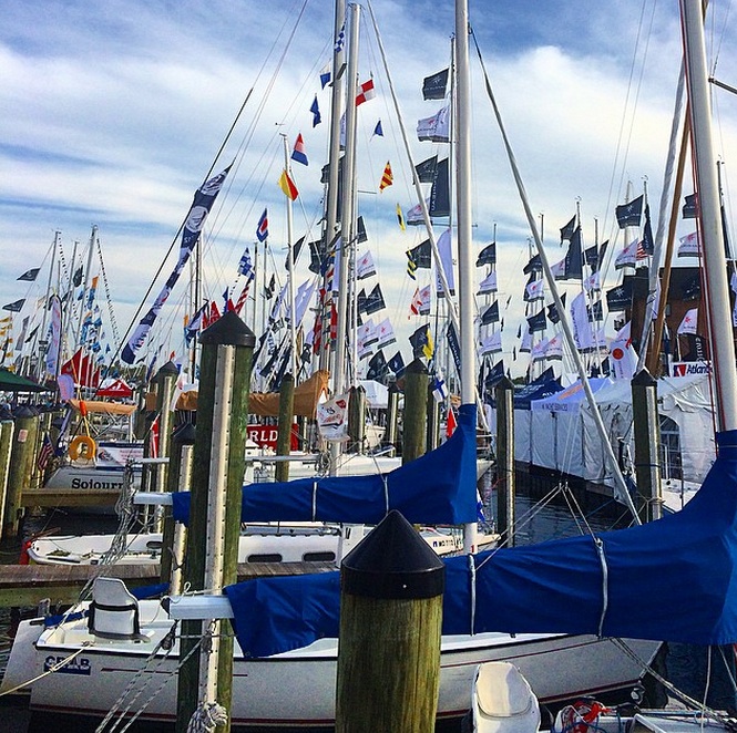 Colorful Flags Fly From Masts At Annapolis Sailboat Show - 12 Degrees West