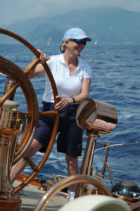 Elizabeth Meyer helming Shamrock V in Portofino 2011 J Class sailing