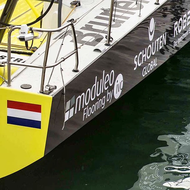 Closeup of Team Brunel's distinctive yellow boat in Newport