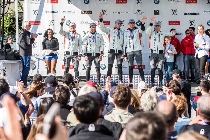 Oracle Team USA take the stage to accept 2nd place honors at the America's Cup World Series in NYC.